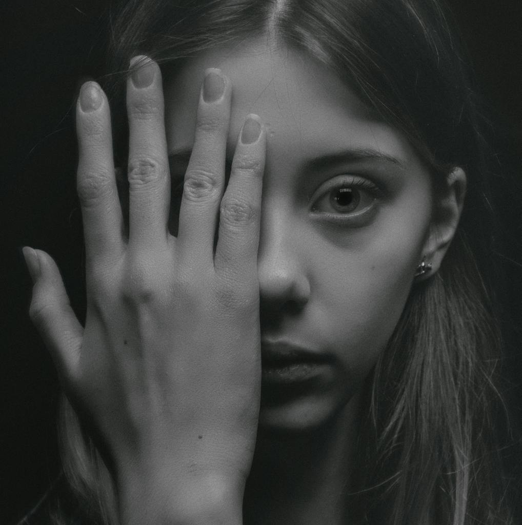 A striking black and white portrait of a young woman with a contemplative expression, shot in a studio.